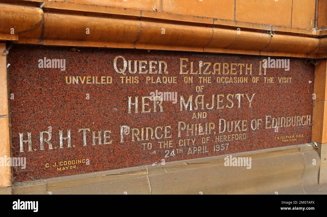 Plaque de visite de QE II - Conseil municipal de Hereford, hôtel de ville, rue Owen Street, Hereford, Herefordshire, Angleterre, Royaume-Uni, HR1 2PJ Banque D'Images