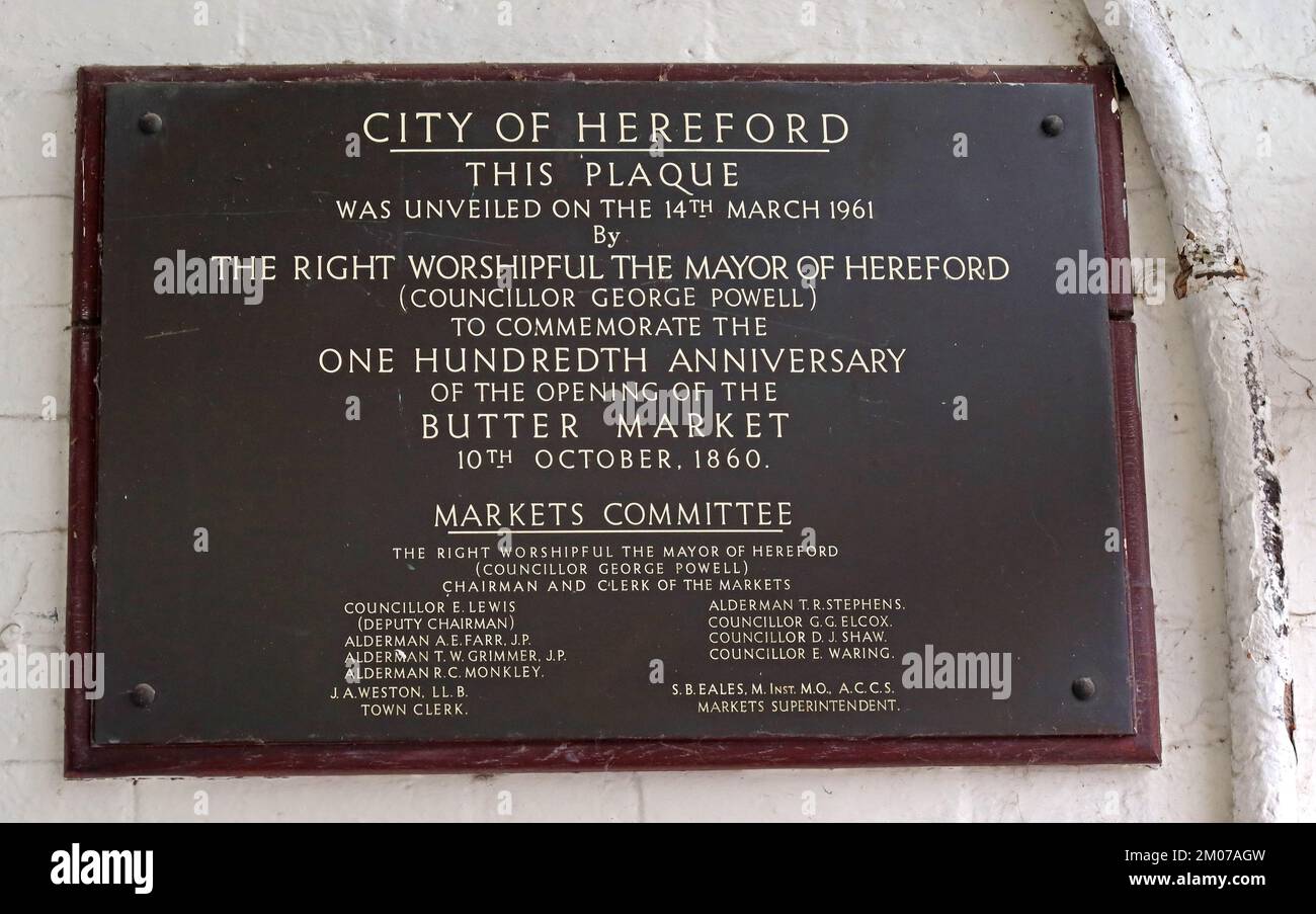 Ville de Hereford, plaque du marché, centième anniversaire, 1860 1960, Market Hall, High Town, Hereford, Angleterre, Royaume-Uni, HR1 2AA Banque D'Images