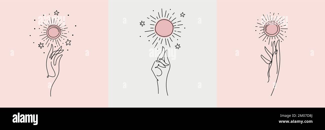 Ensemble d'icônes pour salon de beauté, tarot, astrologie, concept d'amour de soi. art de ligne, tatouage main et soleil de boho. Illustration vectorielle isolée Illustration de Vecteur