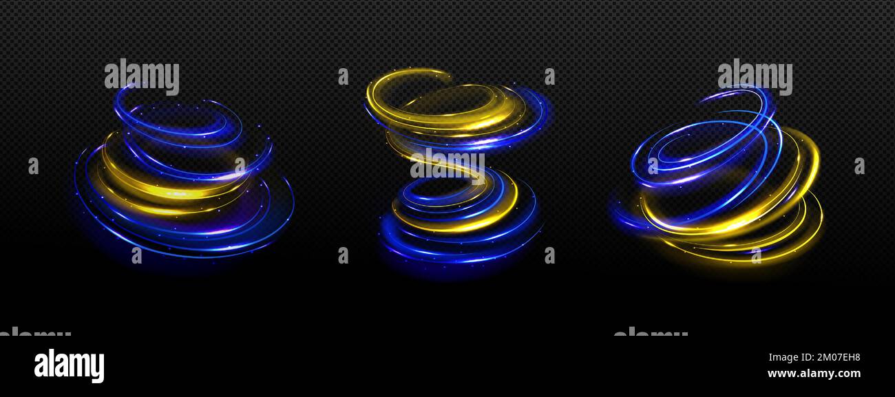 Spirale magique, vague, effet torsadé avec étoiles bleues ou dorées et scintillements volants. Tourbillon de baguette, vortex de tornade, tracé de sort magicien isolé, sorcier, lumière de fée, réaliste 3D Illustration vectorielle Illustration de Vecteur