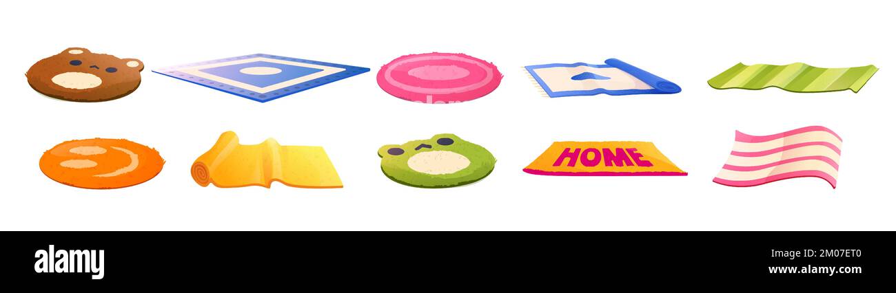 Moquette et tapis de salle de bains, tapis de sol pour le seuil de porte, chambre d'enfants ou animal de compagnie de différentes couleurs et de design. Décoration intérieure isolée avec sourire, ours, grenouille, rayures, décoration d'intérieur, Ensemble de vecteurs de dessin animé Illustration de Vecteur