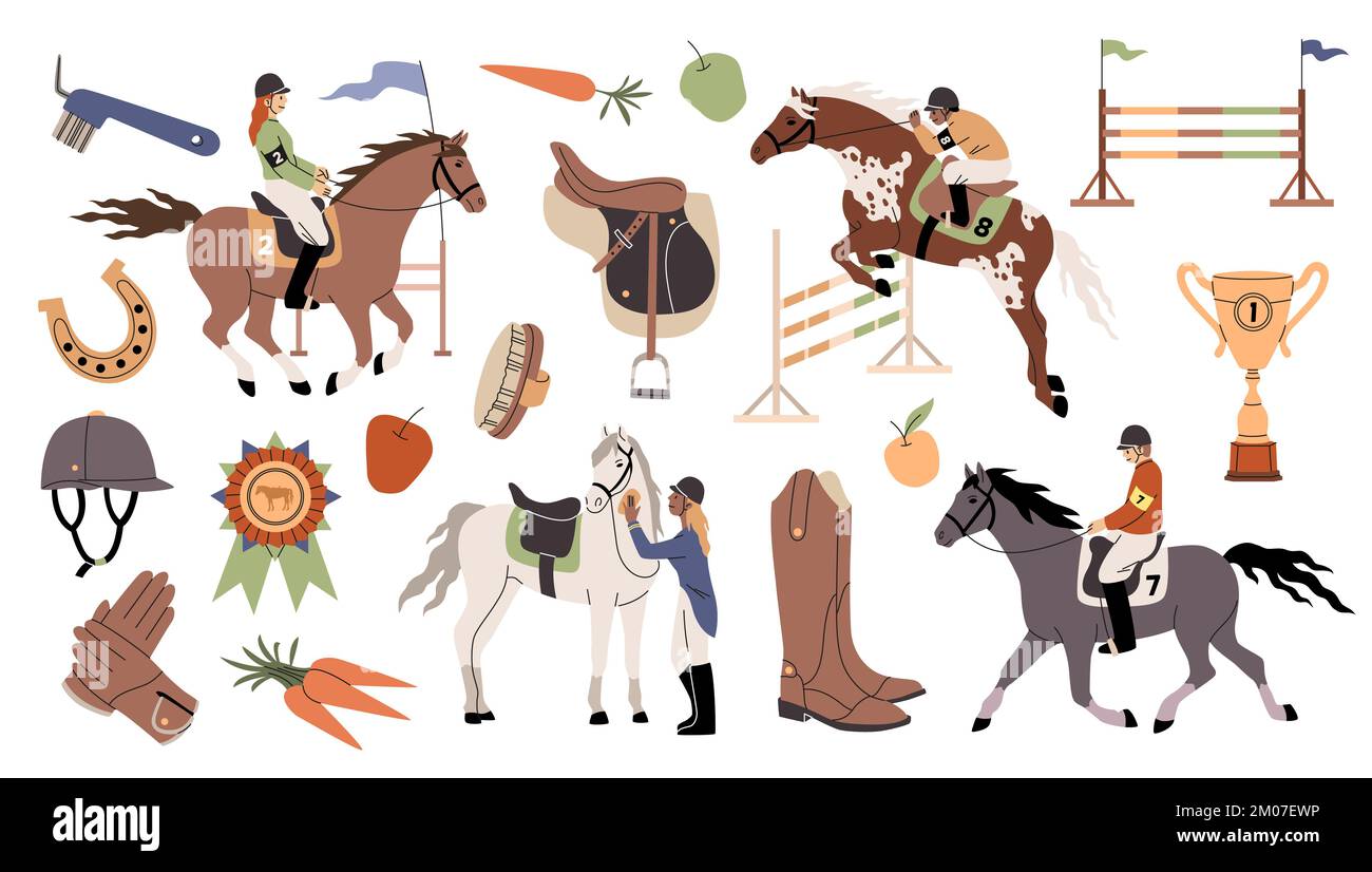 Sports équestres. Les filles et les garçons sont des jockeys professionnels équitation, des étalons de course, des accessoires de sports équestres, des bottes et des selles, des animaux Illustration de Vecteur