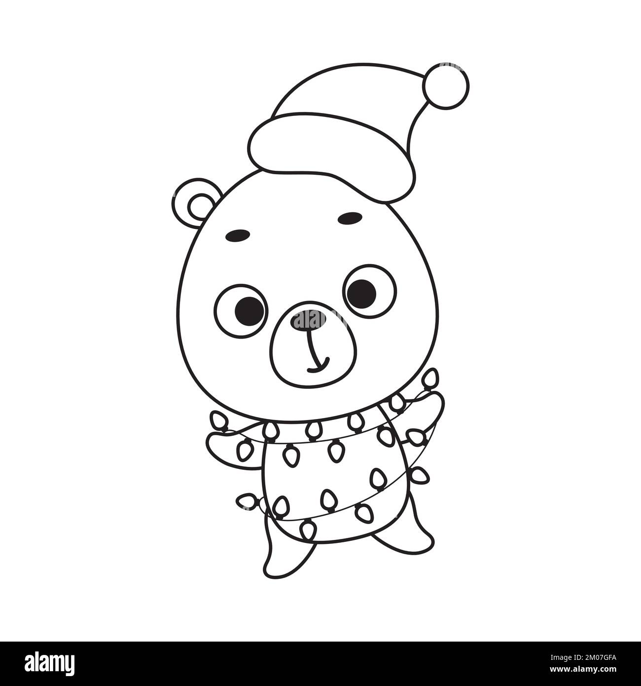 Page de coloriage joli ours de Noël avec guirlande. Livre de coloriage 