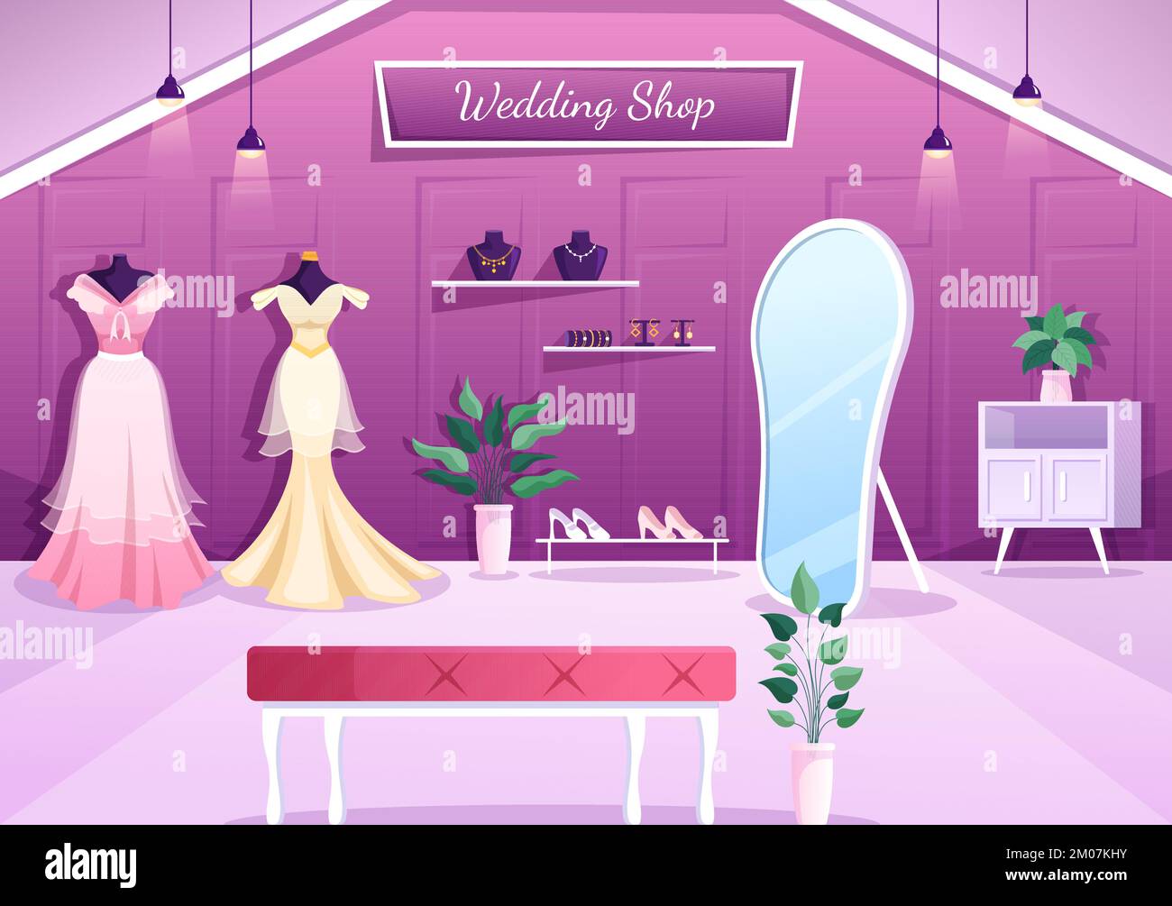 Boutique de mariage avec bijoux, belles robes de mariée et accessoires adaptés pour affiche en dessin main de dessin de dessin animé à la main Illustration de Vecteur