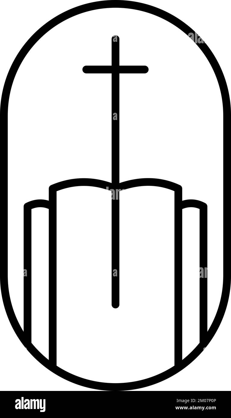 Croix de la ligne de religion et livre ouvert ou bâtiment de l'église. Logo vectoriel icône Illustration isolée. Jésus Christ sur le calvaire est le christianisme central. Dieu Illustration de Vecteur