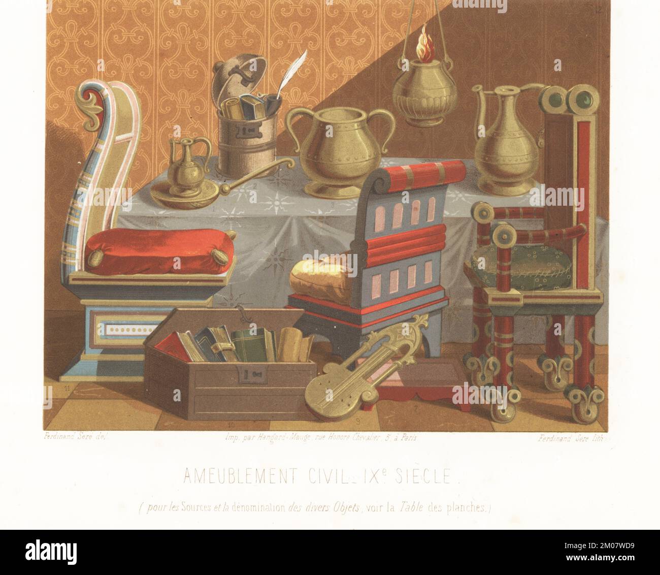 Meubles français divers, 9th siècle. Boîte à lettres ou escriptoire, instrument de musique appelé le Kinnor ou lyre, une boîte à livres, chaises, table, vase, lampes à huile, etc Ameulement civil, IXe Siecle. Dessiné et lithographié par Ferdinand Sere de Charles Louandre, les Arts Somptuaires, The Sumptuary Arts, Hangard-Mauge, Paris, 1858. Banque D'Images