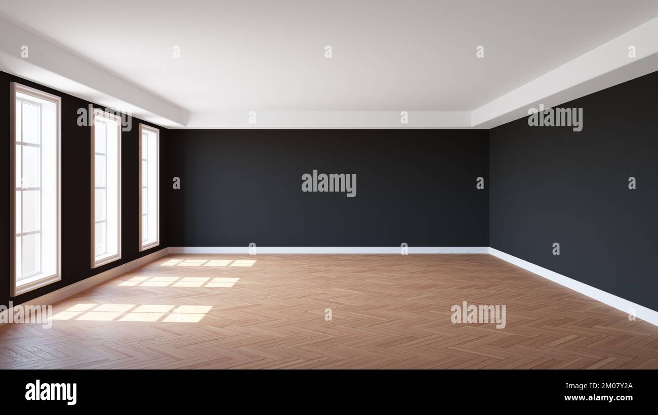 Intérieur vide de la chambre avec murs en stuc noir, trois fenêtres, plafond blanc Corniche, parquet brillant à chevrons et un pied blanc. 3D rendu avec un chemin de travail dans la fenêtre. Ultra HD 8K Banque D'Images