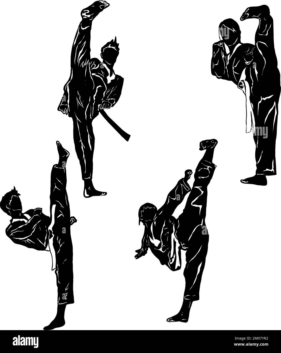 Illustration vectorielle de deux femmes et deux hommes pratiquant le taekwondo sur fond blanc Illustration de Vecteur