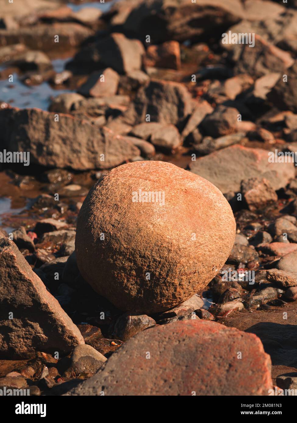 Roche en granite en forme de boule ronde sur le littoral maritime du Kattegat à Halmstad, en Suède. Mise au point sélective. Banque D'Images