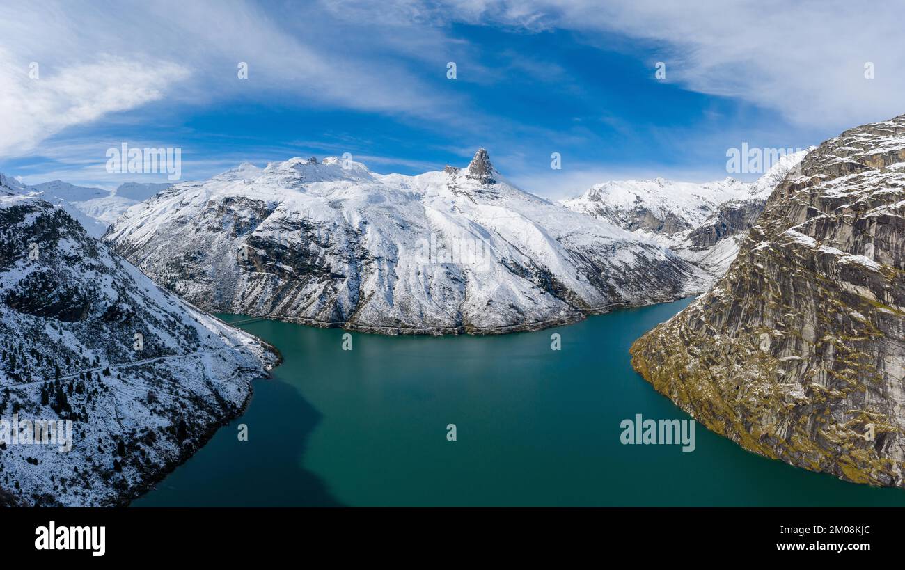 Vue aérienne sur le réservoir de Zervreila avec le Zervreilahorn en arrière-plan, Valsertal, canton des Grisons, Suisse, Europe Banque D'Images