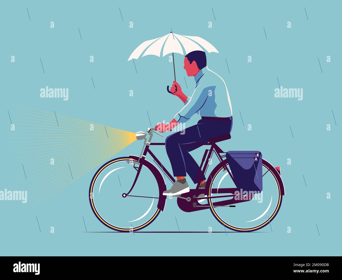 Homme avec un parapluie chevauchant un vélo dans une illustration de jour de pluie. Cycliste dans la rue. Mode de transport durable. Banque D'Images