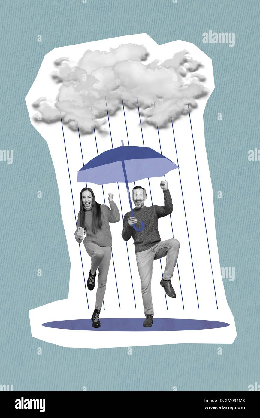 Photo créative 3D collage art carte postale poster de la famille heureux couple fou réjouissez-vous automne pluvieux temps isolé sur fond de peinture Banque D'Images