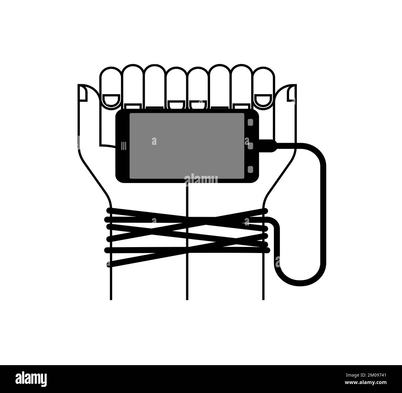 Le smartphone lie les mains. Concept le gadget moderne est un piège. addiction téléphonique Illustration de Vecteur