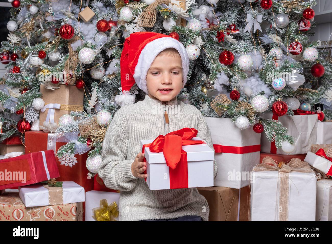 Joli enfant heureux dans un chapeau de père noël tenant un cadeau surprise sur le fond d'un arbre de Noël décoré. Un garçon satisfait a reçu un Noël ou un nouvel an Banque D'Images