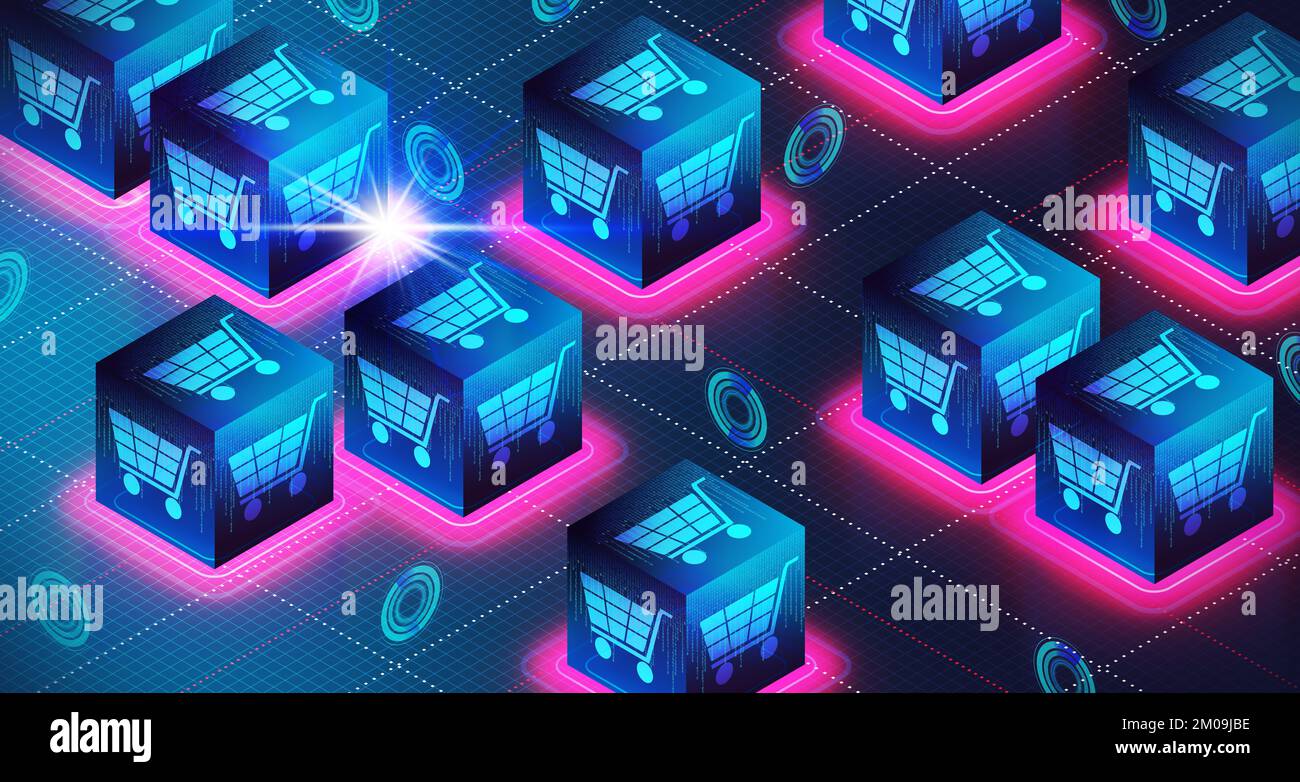 Concept décentralisé de commerce électronique - Deco - technologie qui permet aux utilisateurs d'effectuer des transactions commerciales sans aucun contrôle centralisé - 3D Illus Banque D'Images