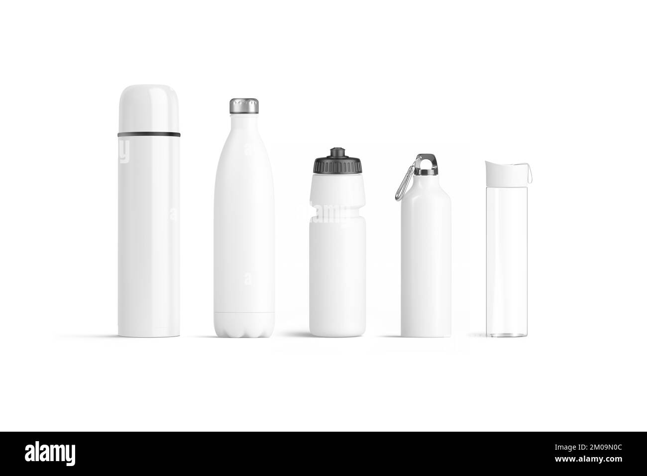 Kit de maquette de bouteille de voyage blanc vierge, vue avant, rendu 3D. Ballon Thermo vide en métal et verre pour la randonnée ou le tourisme actif maquette, isolée. CLE Banque D'Images