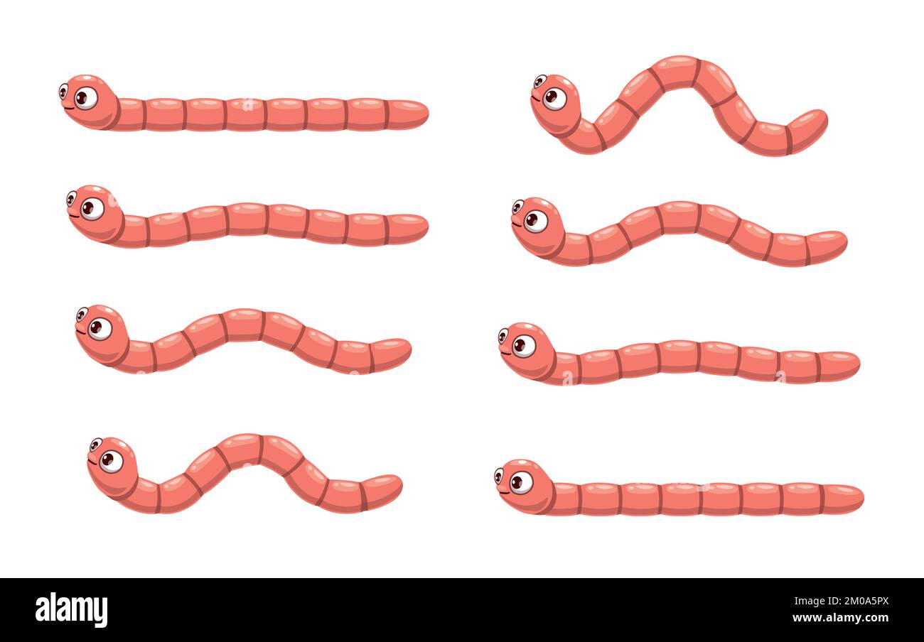 Bande dessinée animée drôle ver. Animation de la ver de terre de rampement. Heureux mouvement animal étapes ou cadres, ver de terre drôle caractère vecteur. Mignonne de ver de terre isolé personnage animation séquence de mouvement boucle Illustration de Vecteur