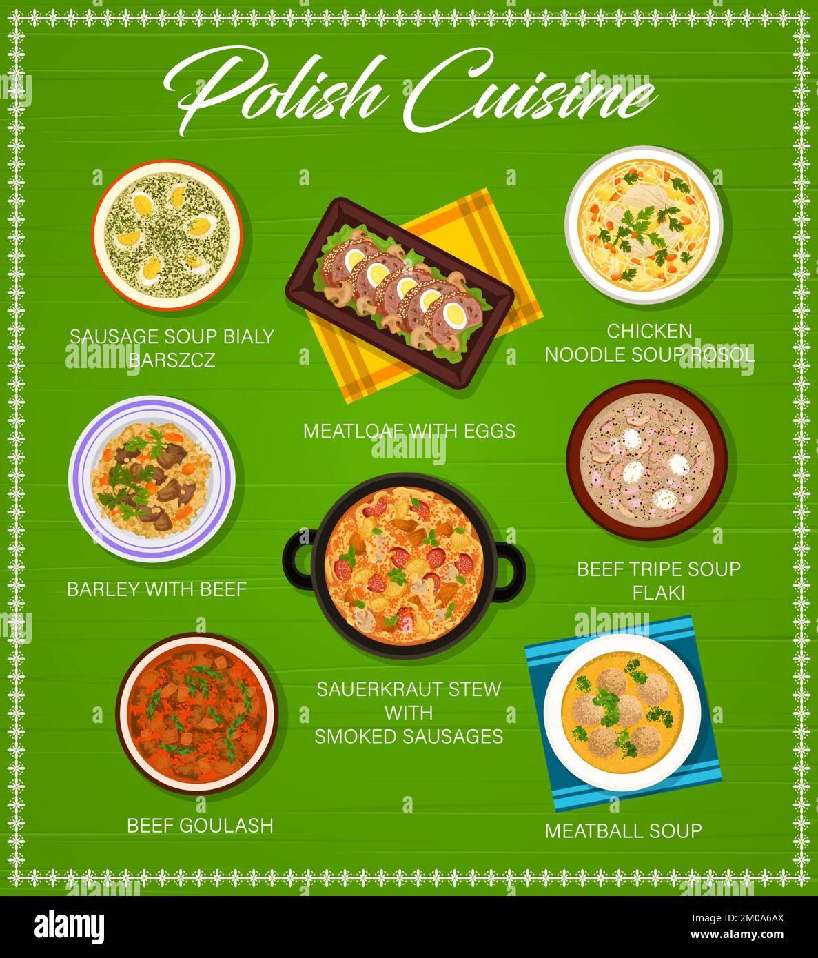 Menu de cuisine polonaise, cuisine de Pologne, plats de restaurant et
