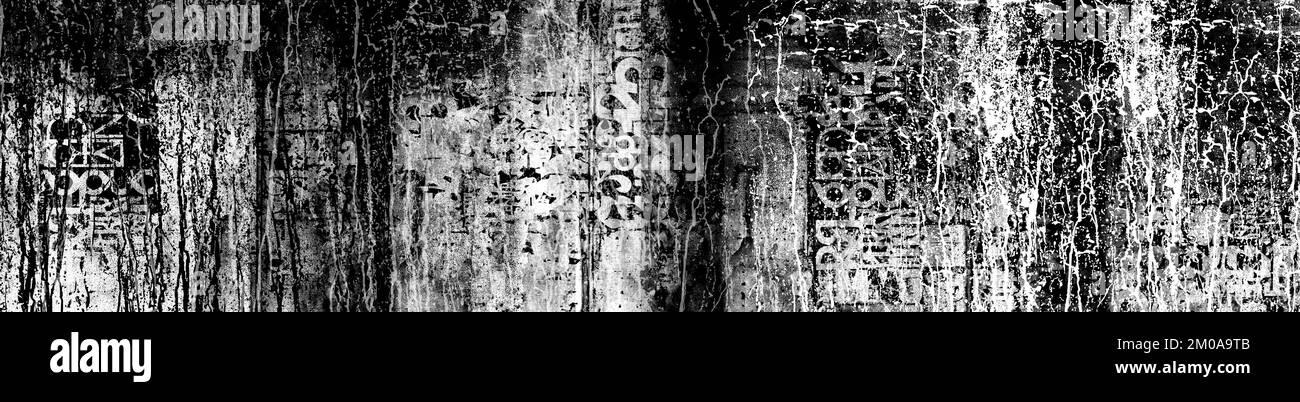 Texte abstrait grunge sur fond large. Dessin sur l'ancienne surface encadrée de grungy. Mur à rayures sales vintage. Plan d'art de rue Banque D'Images