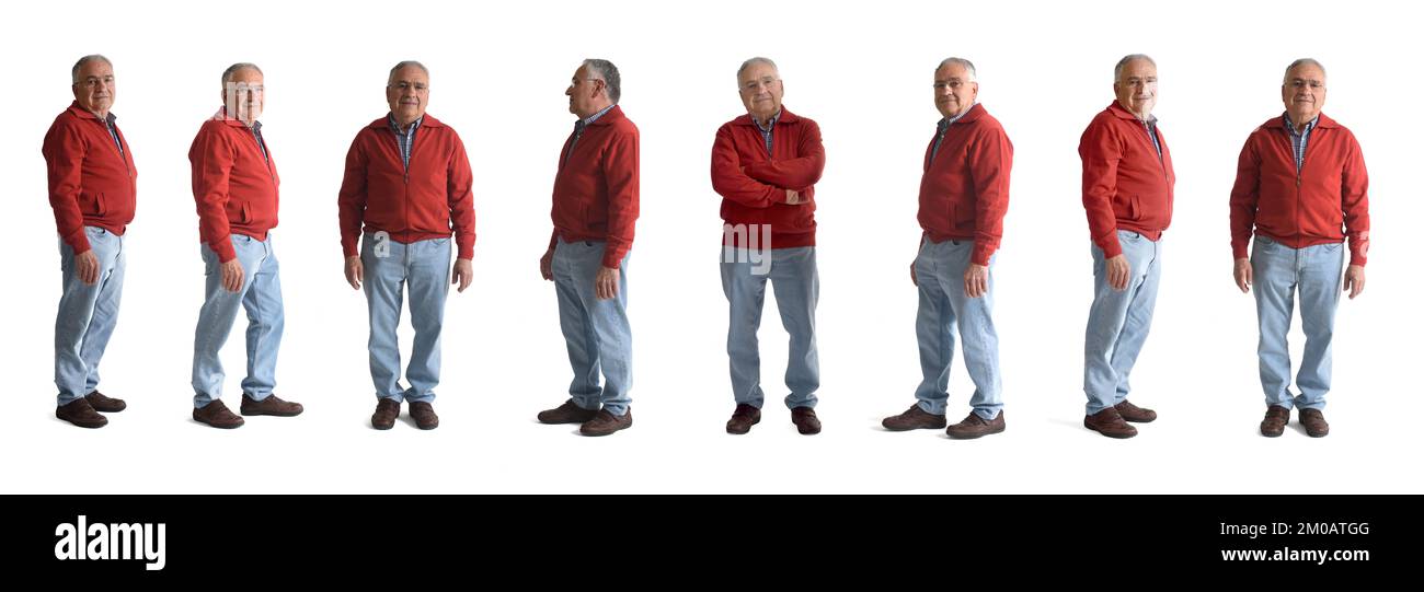 ligne de différentes poses de même senior hommes debout sur fond blanc Banque D'Images