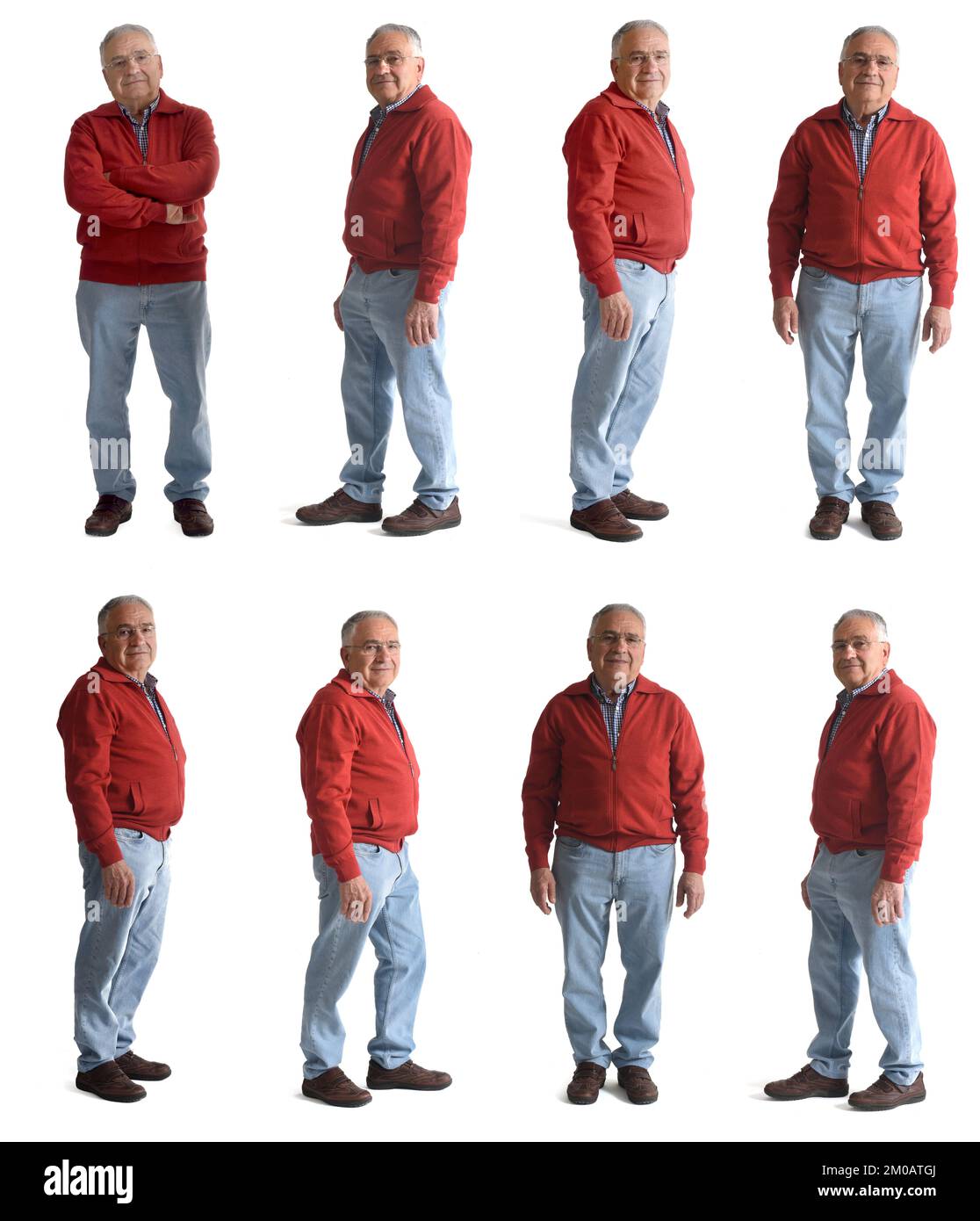 différentes poses de même homme âgé debout sur fond blanc Banque D'Images