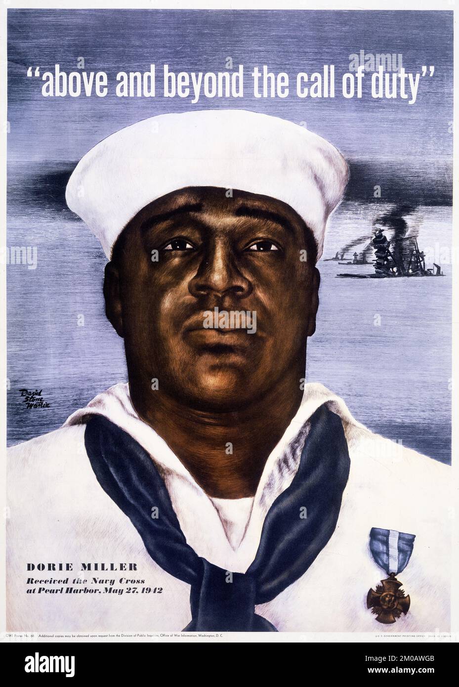 Au-dessus et au-delà de l'appel de service - Dorie Miller a reçu la Croix de marine à Pearl Harbor, 27 mai 1942. Œuvres de David Stone Martin Banque D'Images