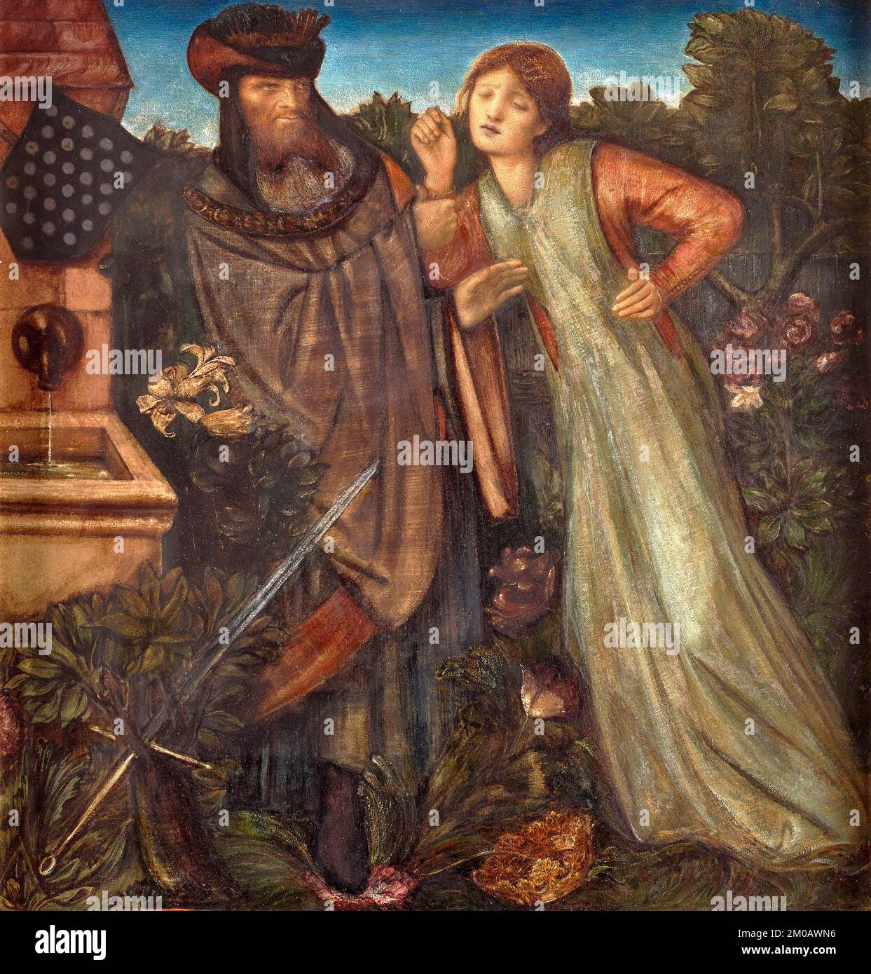 Le roi Mark et la Belle Iseult d'Edward Burne-Jones (1862) Mark envoie Tristan comme son mandataire pour amener sa jeune épouse, la princesse Iseult, d'Irlande. Tristan et Iseult tombent amoureux et, avec l'aide d'une potion magique, ont l'une des affaires d'amour les plus orageux de la littérature médiévale. Banque D'Images