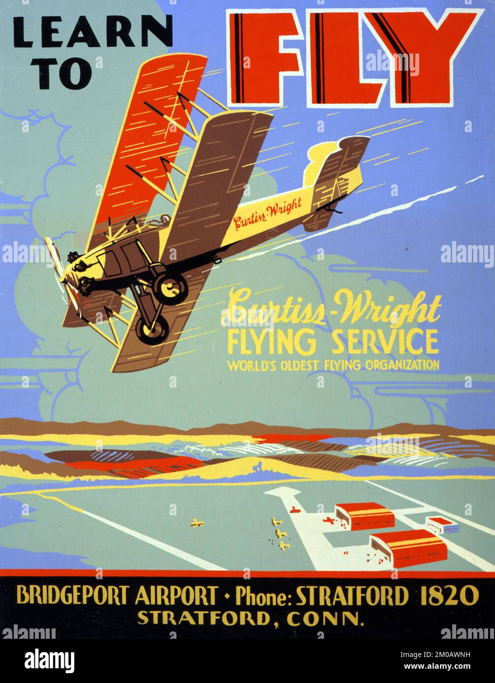Apprenez à piloter Curtiss-Wright Flying Service, la plus ancienne organisation de vol au monde. Aéroport de Bridgeport (1930) Banque D'Images