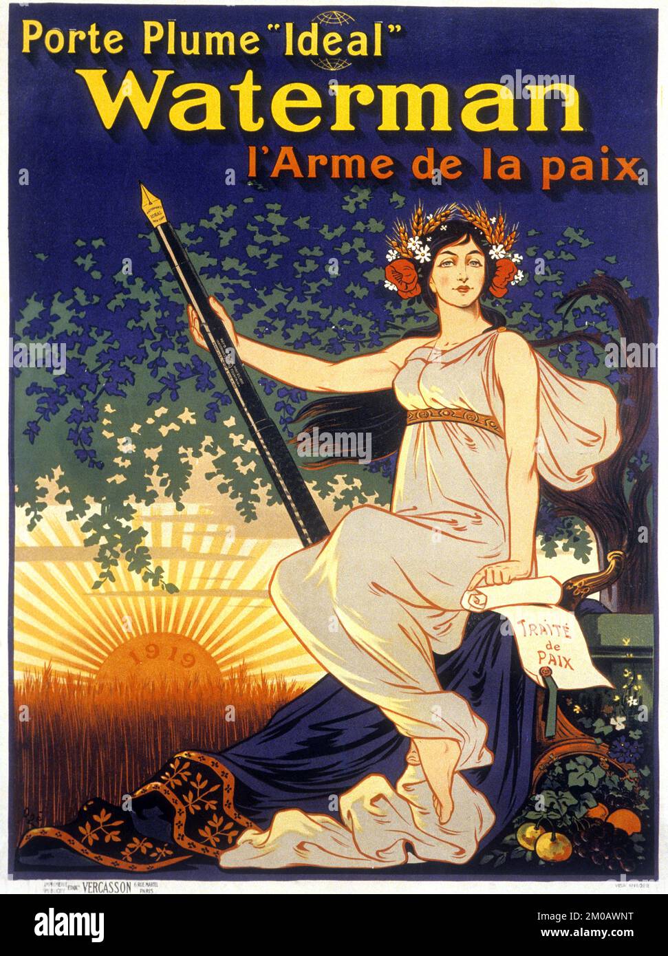 Waterman 'Ideal' porte-stylo l'arme de la paix - Eugene Oge, 1919 - affiche d'époque française Banque D'Images