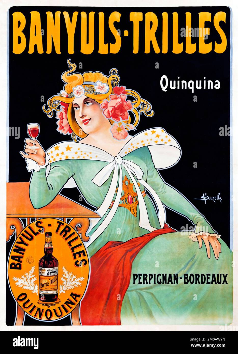 Banyuls-Trilles Quinquina - Perpignan-Bordaux, affiche publicitaire sur l'alcool d'époque - œuvres de Marcellin Auzolle 1905 Banque D'Images