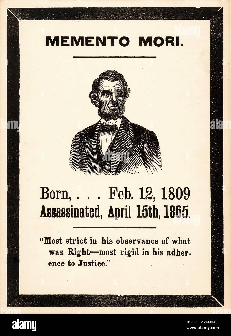 Le Président Abraham Lincoln né en 1809, assassiné en 1865 - Mourning Poster. Intitulé « Memento Mori » Banque D'Images