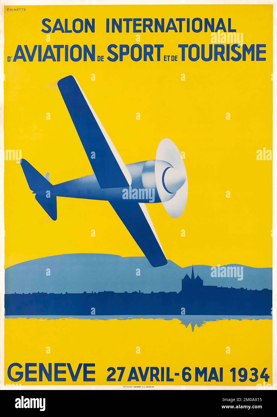 Aviation vintage : affiche avion - SALON INTERNATIONAL d'AVIATION, lithographie GENEVE en couleurs, 1934 Banque D'Images