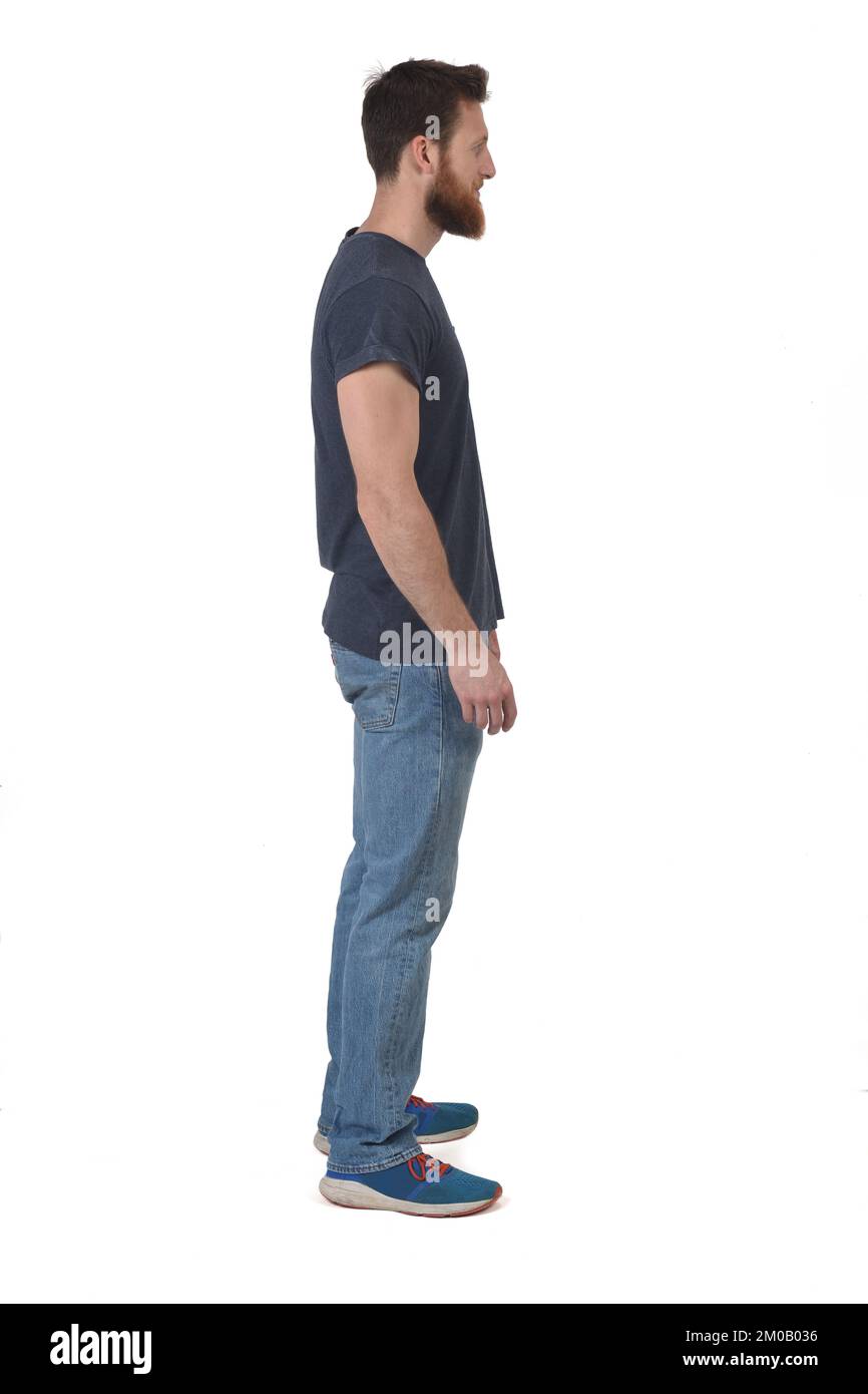 vue latérale d'un portrait complet de l'homme sur fond blanc Banque D'Images