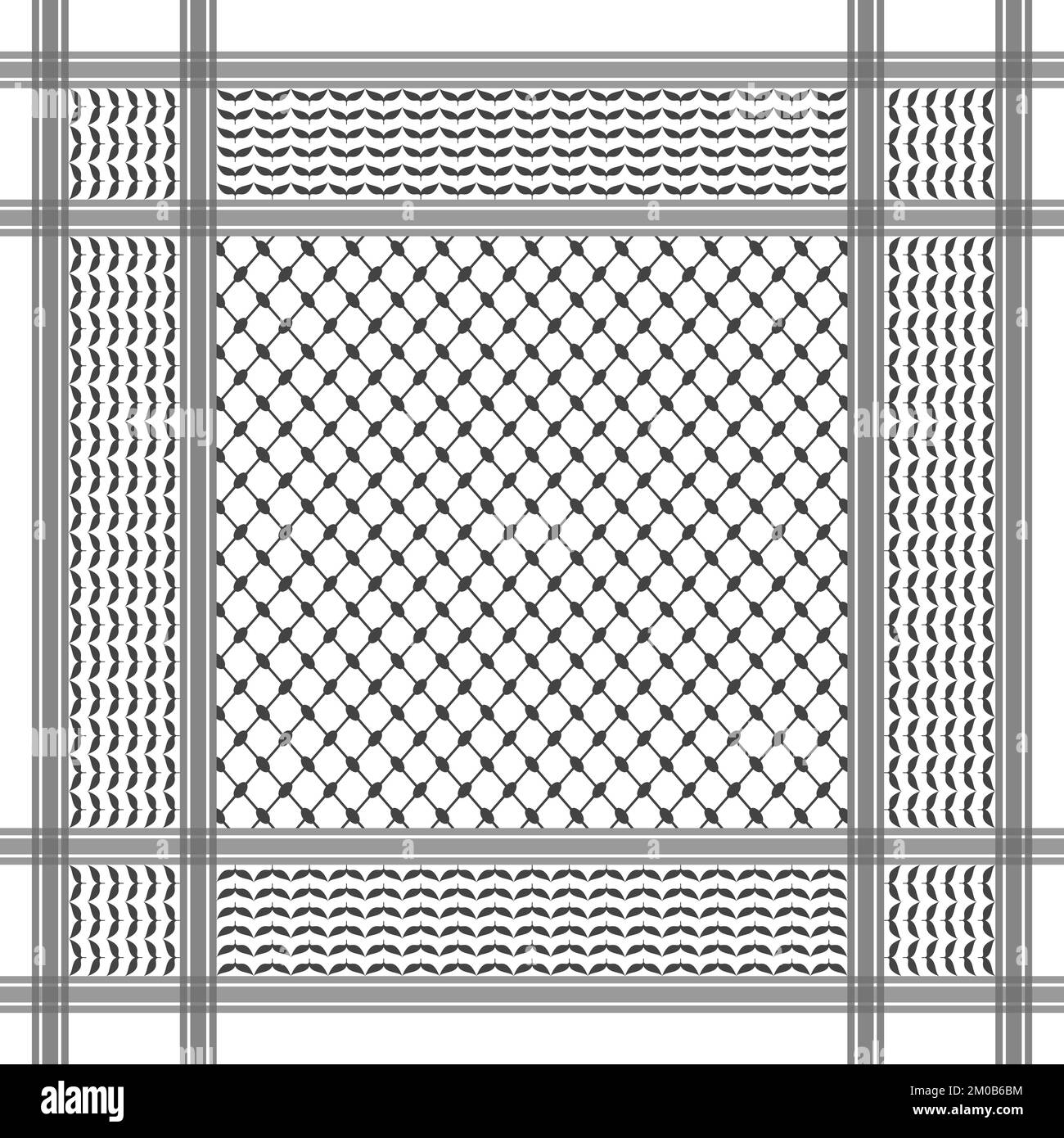 Keffiyeh palestinien, foulard noir et blanc à carreaux, feuilles de résille et d'olive, fond sans couture. Illustration de Vecteur