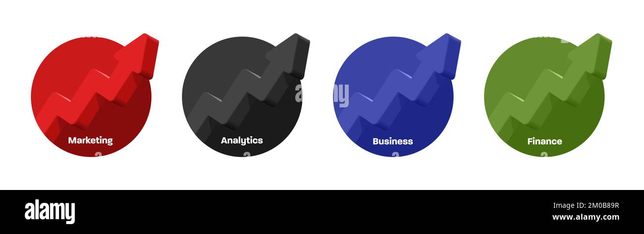 Ensemble de labels de secteur, cercle avec 3D flèches surgissant de lui dans différentes couleurs, isolé Illustration de Vecteur
