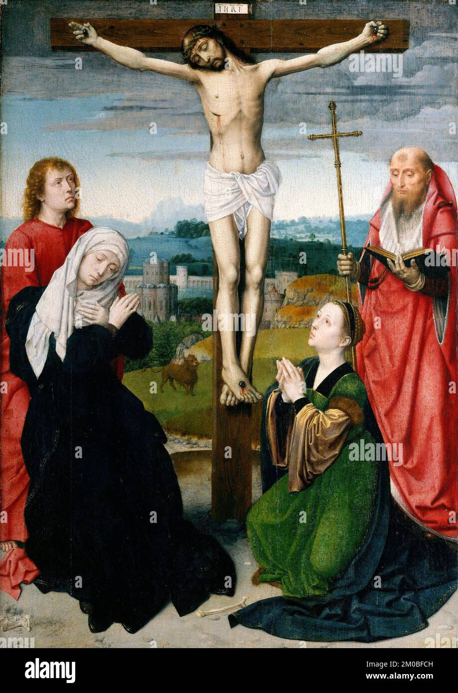 La Crucifixion de Gerard David (1460-1523), huile sur bois, c. 1495 Banque D'Images