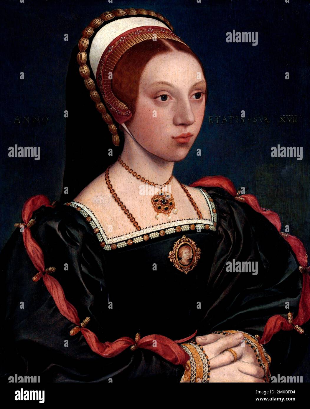 Portrait d'une jeune femme de Hans Holbein le jeune (1497/8-1543), huile et or sur chêne, vers 1540-45 Banque D'Images