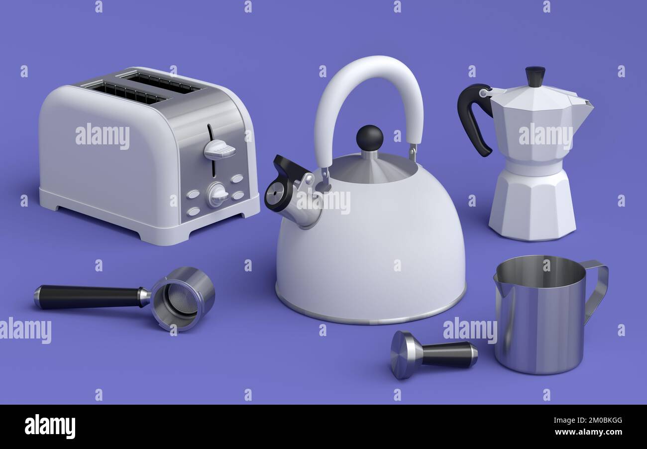 Bouilloire, grille-pain, machine à café à corne et geyser machine à café sur fond violet. 3d appareils de cuisine de rendu faisant le petit déjeuner avec le café latte Banque D'Images