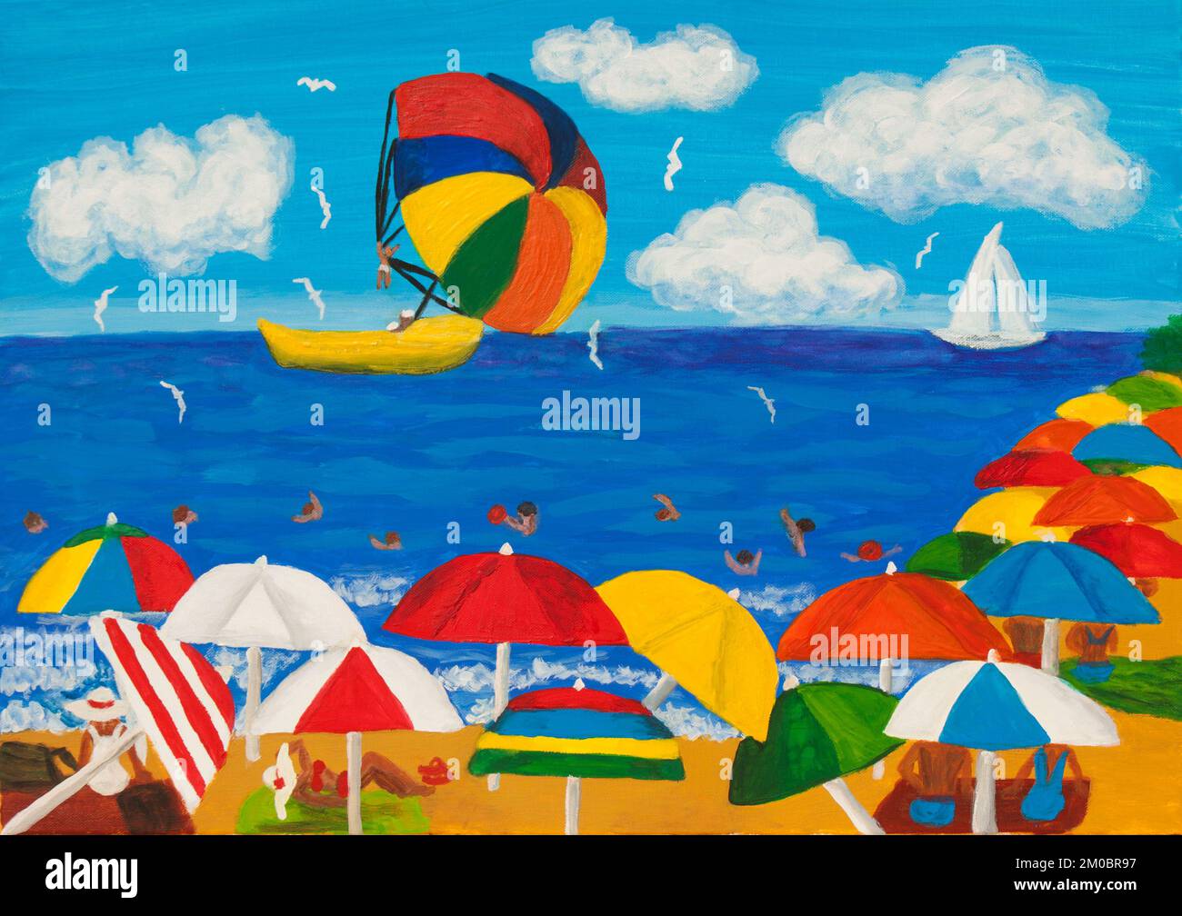 Paysage de mer avec parasols de plage peinture acrylique sur toile Photo  Stock - Alamy