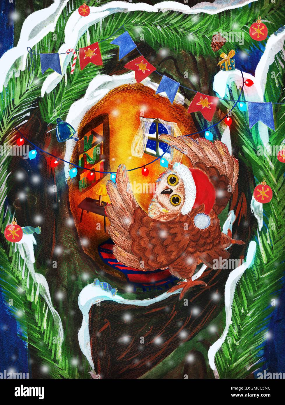 Chouette drôle décorera un arbre creux pour le nouvel an et Noël. Illustration aquarelle en style dessin animé. Une carte de vœux lumineuse avec espace de copie. Banque D'Images