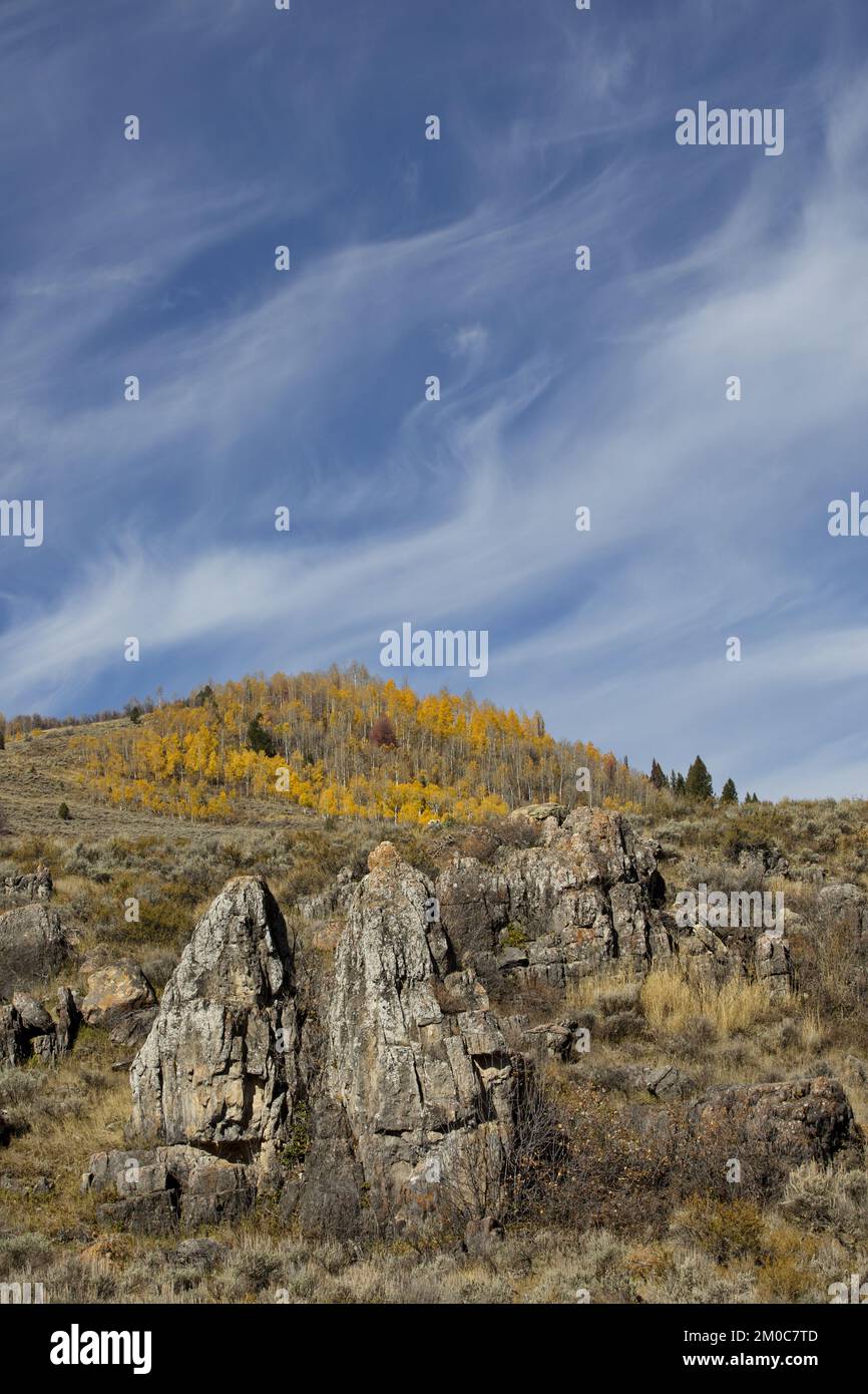 Ciel magnifique, formation de roches en premier plan et or d'automne dans le paysage de Logan Canyon dans l'Utah, aux États-Unis Banque D'Images