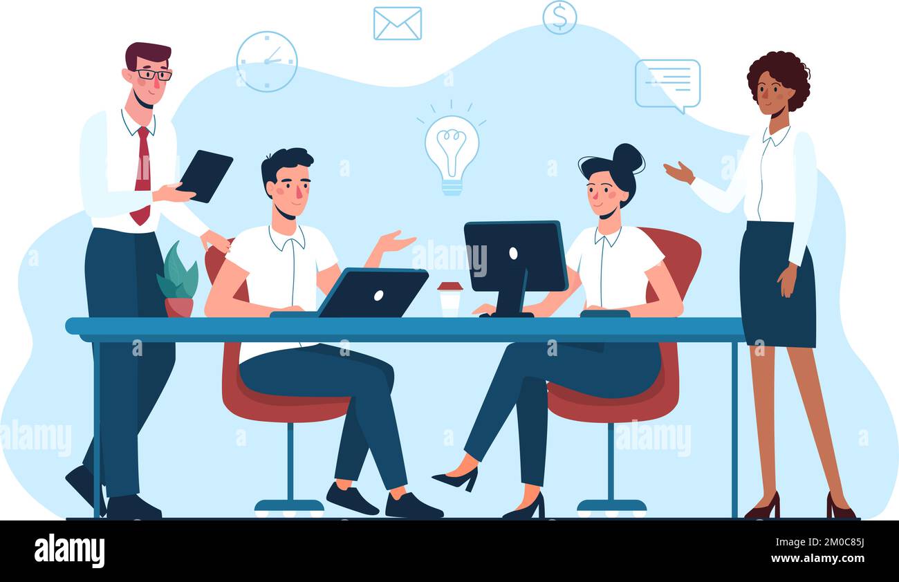 Les gens d'affaires travaillent ensemble au bureau, discutent des idées d'un projet. Illustration vectorielle du travail d'équipe, brainstorming. Équipe d'employés de bureau. style plat, arrière-plan isolé. Illustration de Vecteur