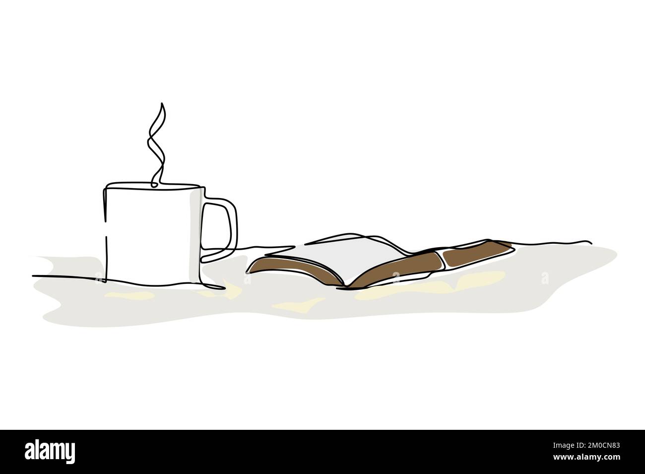 La fumée sort d'une tasse chaude de café et d'un livre sur le lit doux. Un type de conception de dessin de ligne continue dessiné à la main pour le concept d'hygge Illustration de Vecteur