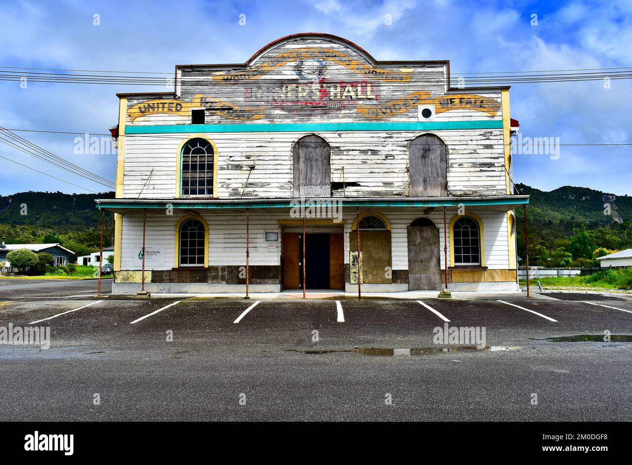 Miner's hall, Runanga, côte ouest, Nouvelle-Zélande. Banque D'Images