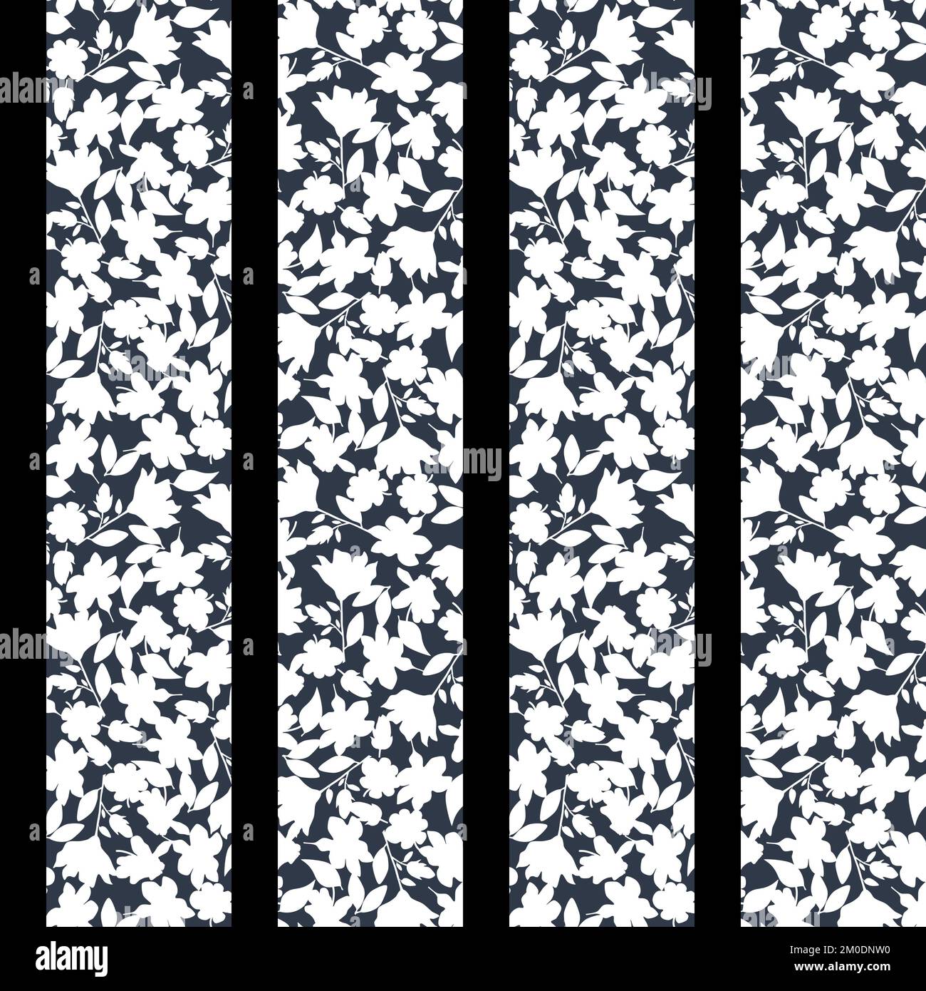 Motif fleuri délicat. Motif sans couture avec rayures et silhouettes de fleurs blanches sur fond noir. Imprimé monochrome moderne Banque D'Images