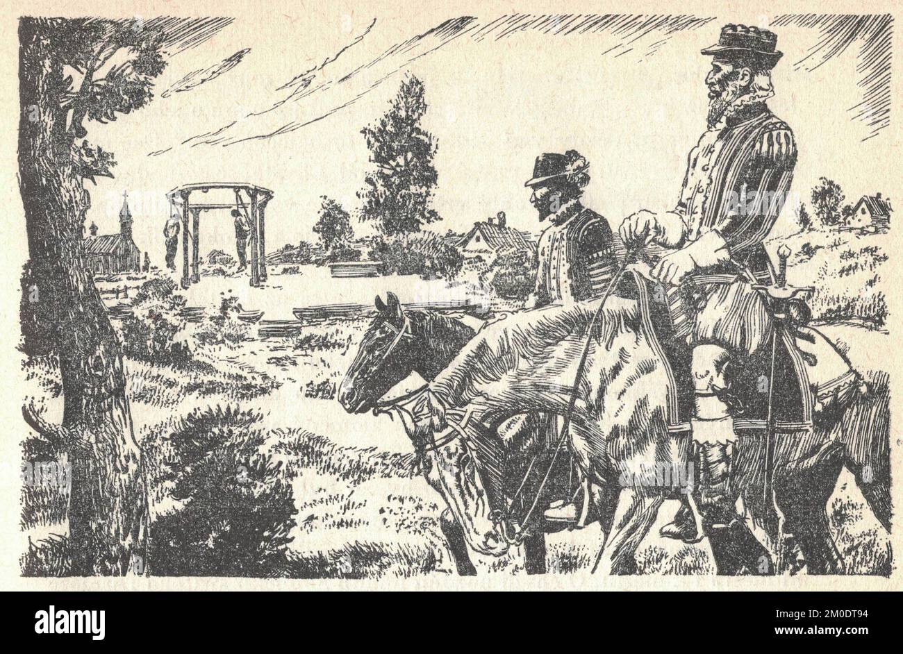 Deux nobles à cheval à travers la campagne. Illustration par Zdenek Burian. Zdenek Michael Frantisek Burian (11 février 1905 à Koprivnice, Moravie, Autriche-Hongrie – 1 juillet 1981 à Prague, Tchécoslovaquie) est un peintre, illustrateur de livres et paléoartiste tchèque dont les travaux ont joué un rôle central dans le développement de la reconstruction paléontologique. À l'origine reconnue uniquement en Tchécoslovaquie natale, la renommée de Burian s'est par la suite étendue à un public international au cours d'une carrière remarquable s'étendant sur six décennies (1930s à 1980s). Il est considéré par beaucoup comme l'un des paléoles les plus influents Banque D'Images