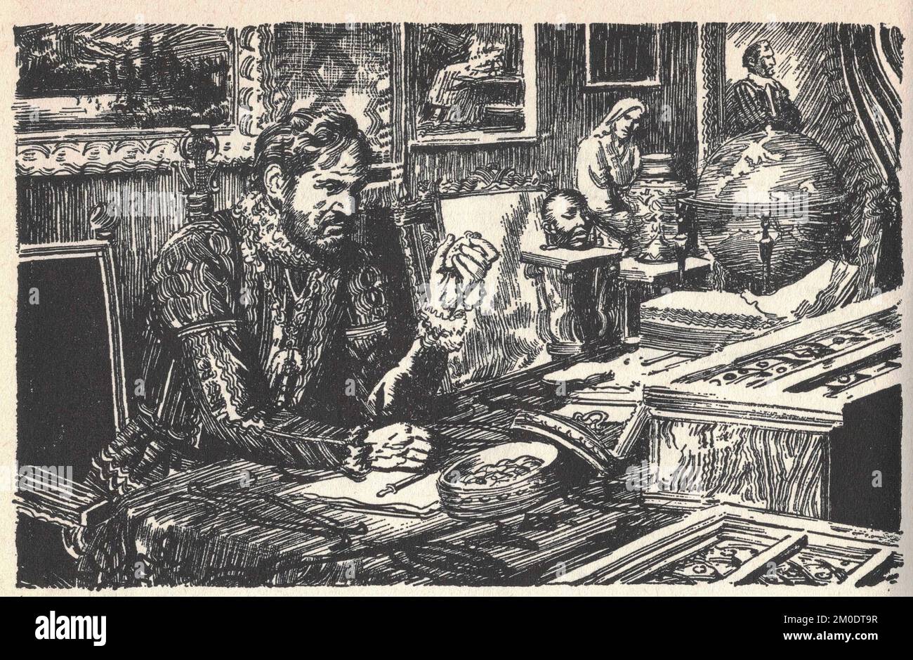 Portrait du Rudolf II, empereur romain dans son étude. Illustration par Zdenek Burian. Rudolf II (18 juillet 1552 – 20 janvier 1612) était le Saint empereur romain (1576–1612), roi de Hongrie et de Croatie (Rudolf I, 1572–1608), roi de Bohême (1575–1608/1611) et archiduc d'Autriche (1576–1608). Il était membre de la Chambre des Habsbourg. L'héritage de Rudolf a traditionnellement été considéré de trois façons : un dirigeant inefficace dont les erreurs ont conduit directement à la guerre de trente ans, un grand patron influent de l'art manneriste du Nord et un dévot intellectuel des arts occultes et de l'apprentissage qui a aidé à l' Banque D'Images