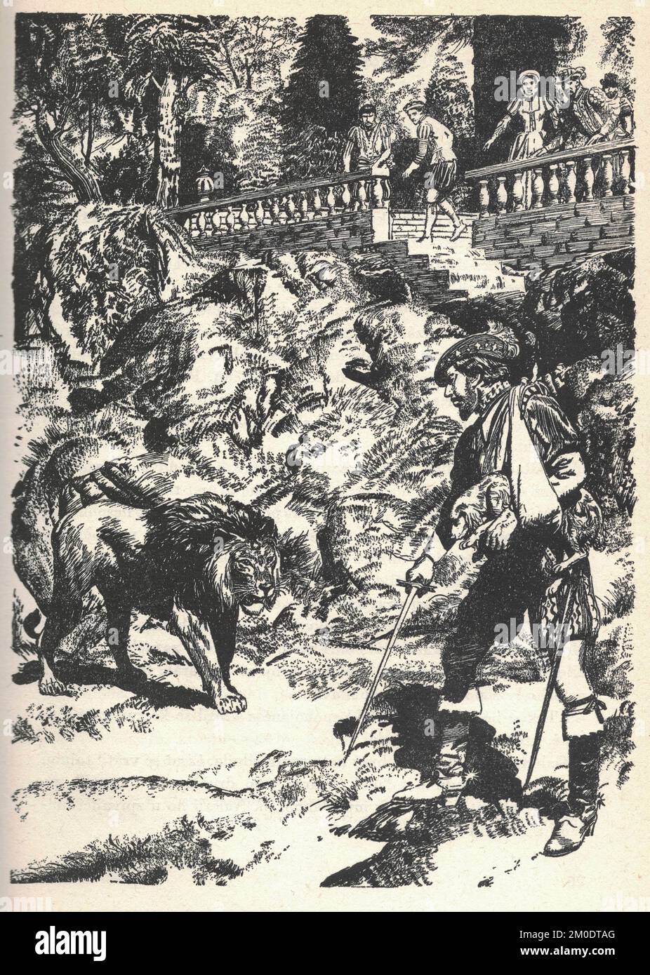 Un chevalier avec un bras cassé tient un chien dans le jardin royal. Illustration par Zdenek Burian. Zdenek Michael Frantisek Burian (11 février 1905 à Koprivnice, Moravie, Autriche-Hongrie – 1 juillet 1981 à Prague, Tchécoslovaquie) est un peintre, illustrateur de livres et paléoartiste tchèque dont les travaux ont joué un rôle central dans le développement de la reconstruction paléontologique. À l'origine reconnue uniquement en Tchécoslovaquie natale, la renommée de Burian s'est par la suite étendue à un public international au cours d'une carrière remarquable s'étendant sur six décennies (1930s à 1980s). Il est considéré par beaucoup comme l'un des PA les plus influents Banque D'Images