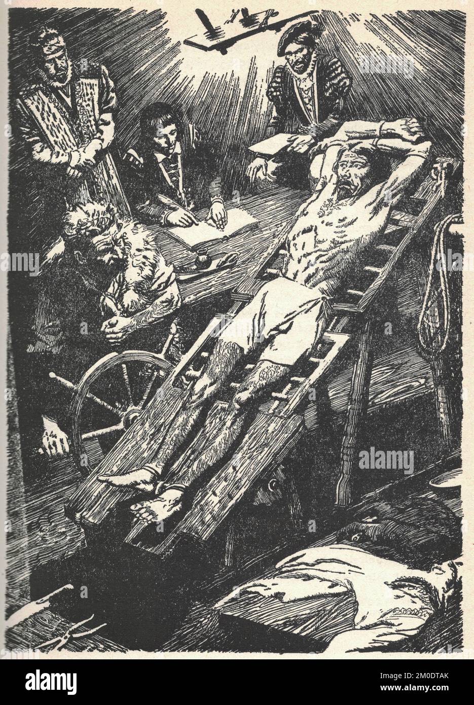 Chambre de torture médiévale. Étirer le corps par la torture. Illustration par Zdenek Burian. Probablement le plus connu appareil de torture du Moyen-âge, le rack était une plate-forme en bois, avec des rouleaux aux deux extrémités. Les mains et les pieds de la victime étaient attachés à chaque extrémité et les rouleaux seraient tournés, étirant le corps de la victime à des longueurs inconfortables. Banque D'Images