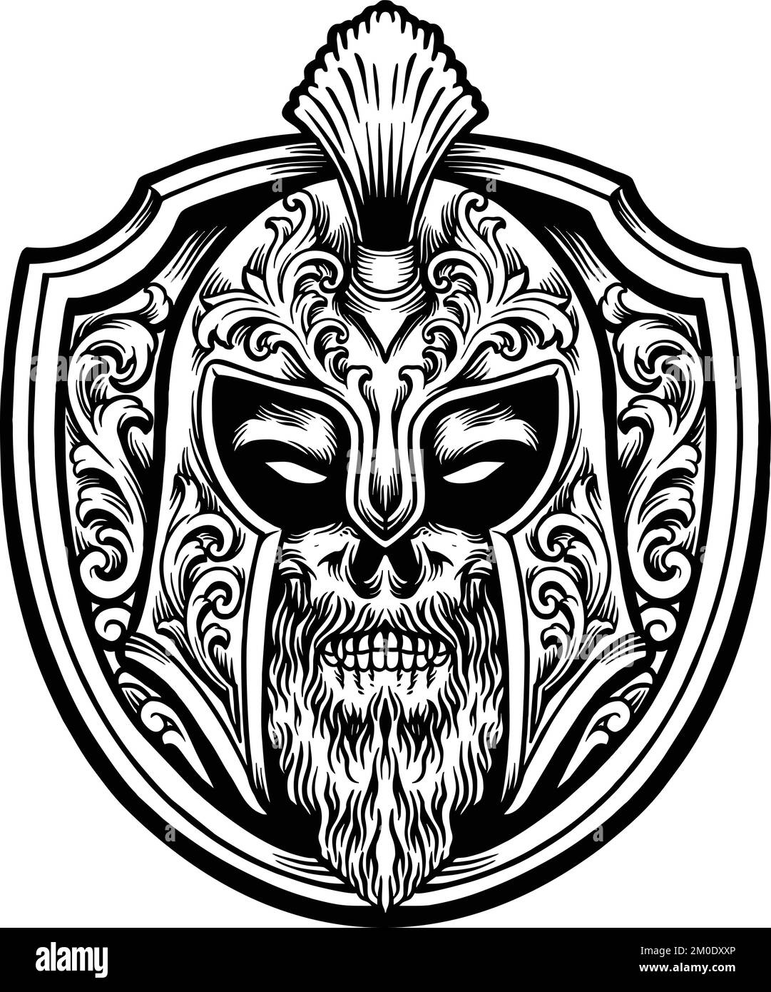 Les ornements de la mascotte de Spartan Shield présentent des illustrations vectorielles pour votre logo de travail, t-shirt de marchandise, autocollants et dessins d'étiquettes, affiche Illustration de Vecteur